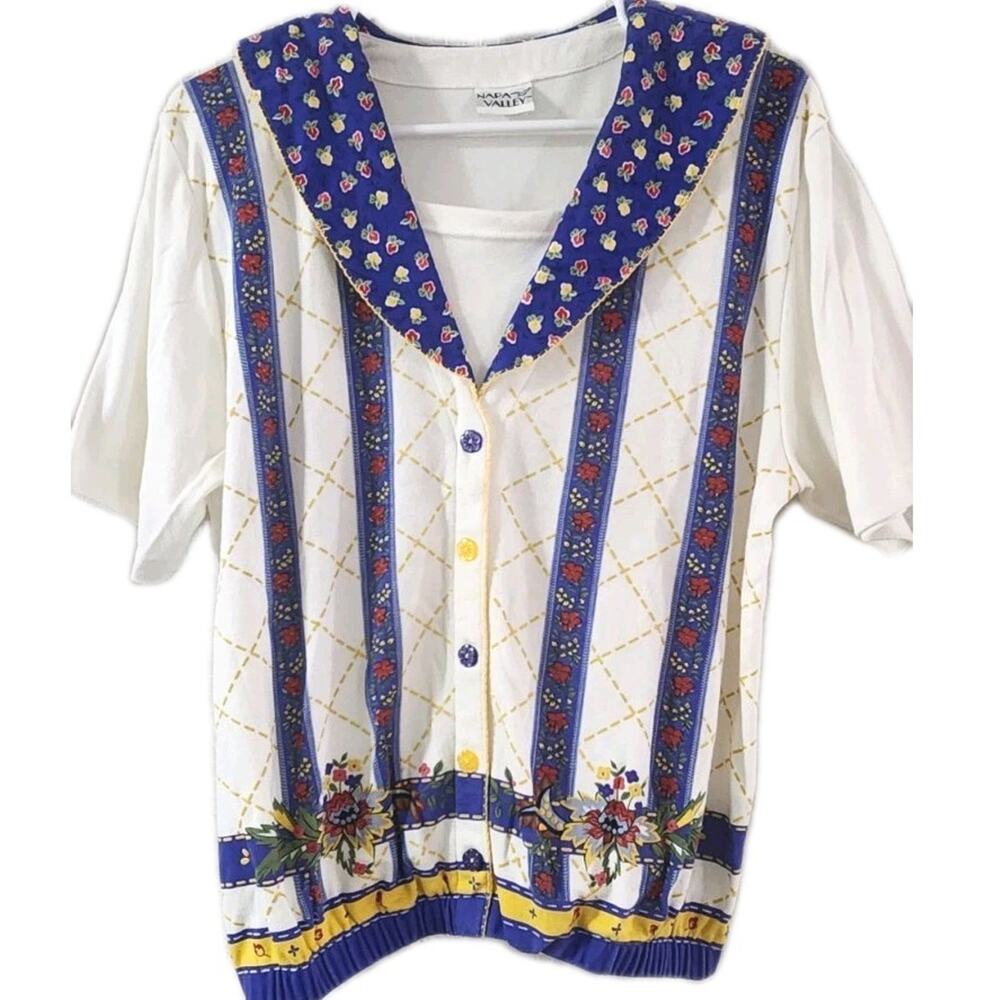 Vintage Napa Valley Short Sleeve Blouse Floral Grandmacore White Blue Yellow Lg